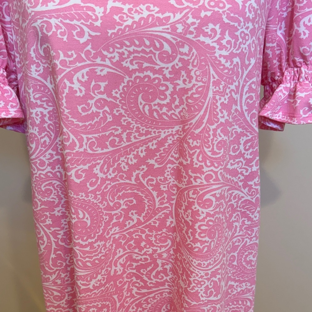 Crown & Ivy Pink Paisley Puff Sleeve Shift Dress Stretch Knit Size M - Picture 4 of 6